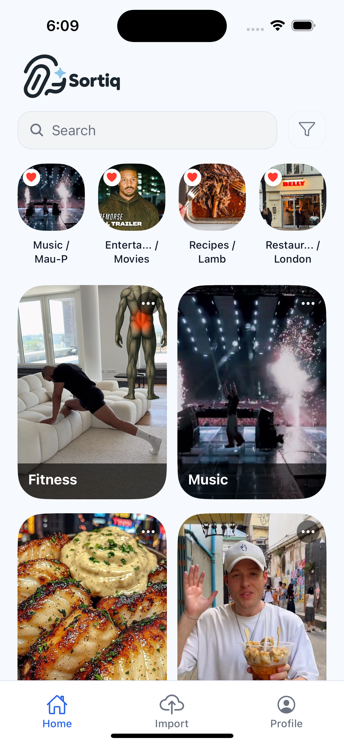 Sortiq Home Screen - Content Organization